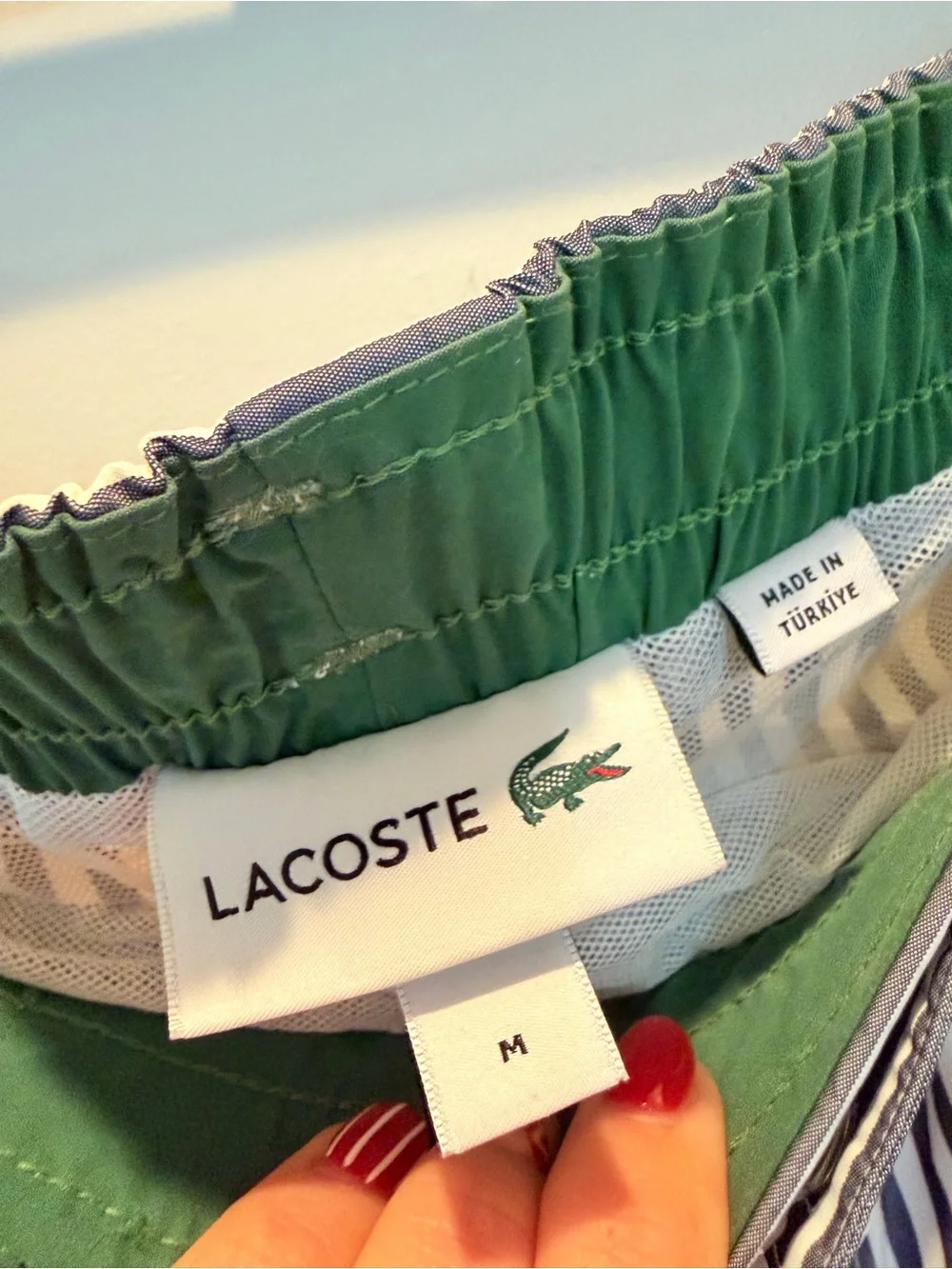 Lacoste Men's Gray/White Stripe Swim Trunks 5” Inseam